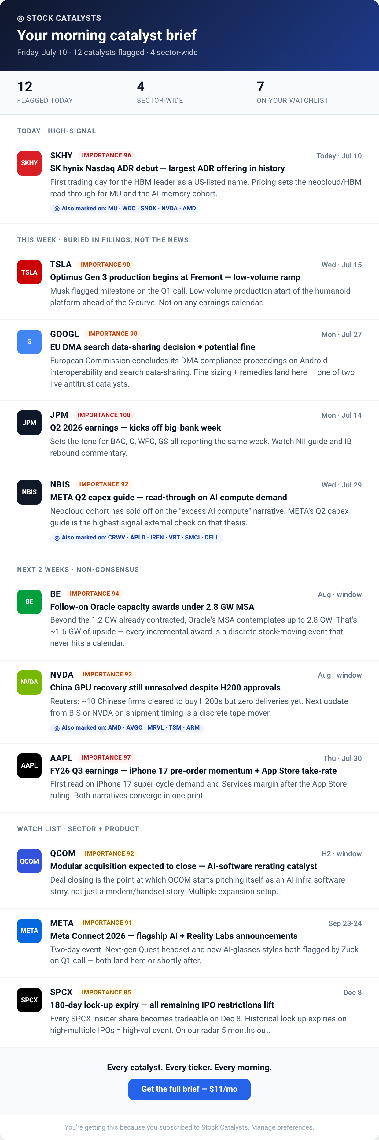Morning email digest with ticker logos and importance badges