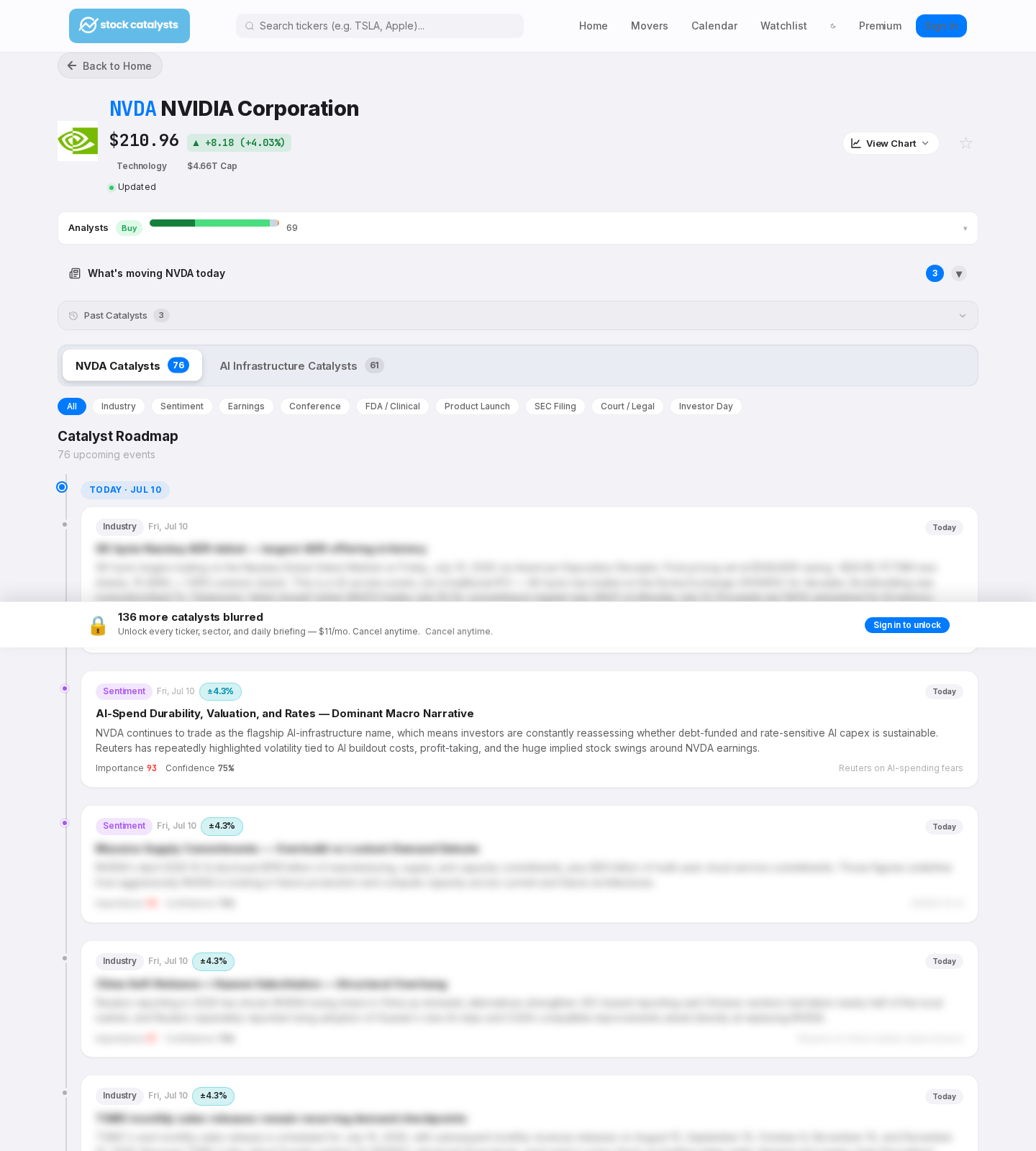 NVDA ticker page with catalyst roadmap